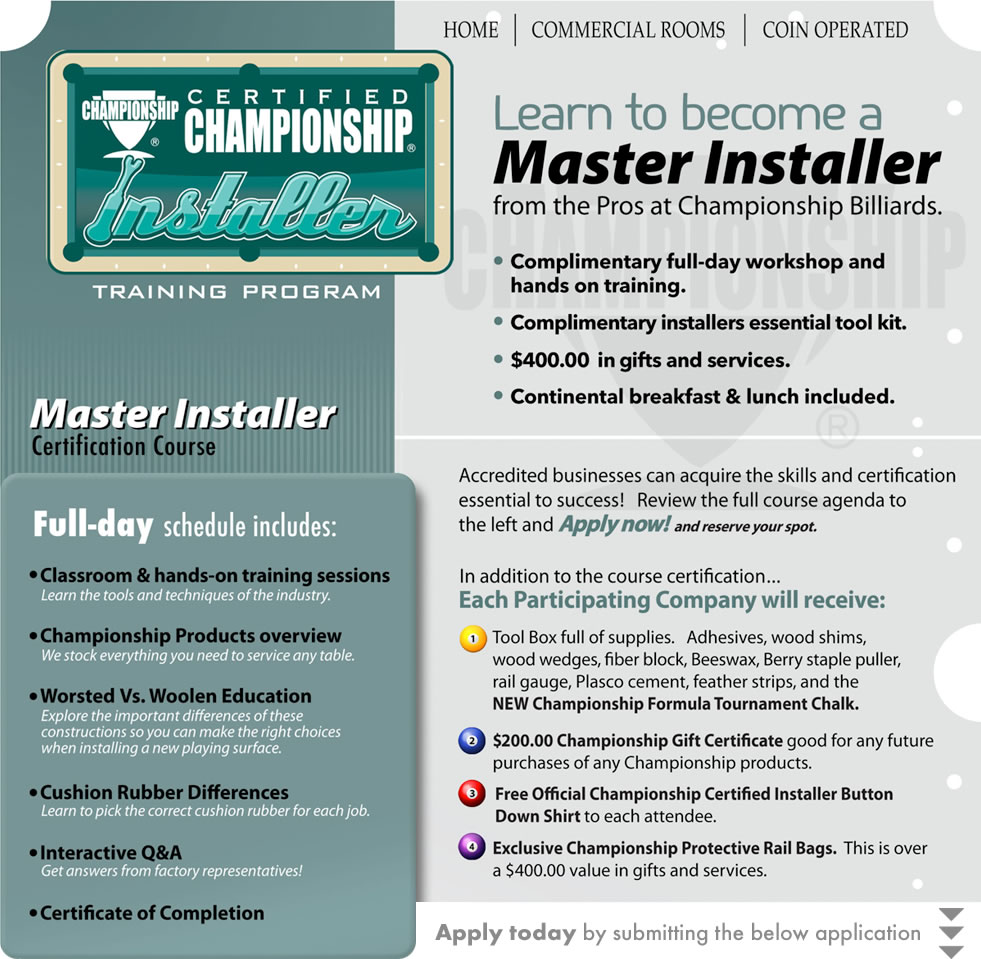 championship billiards master installer