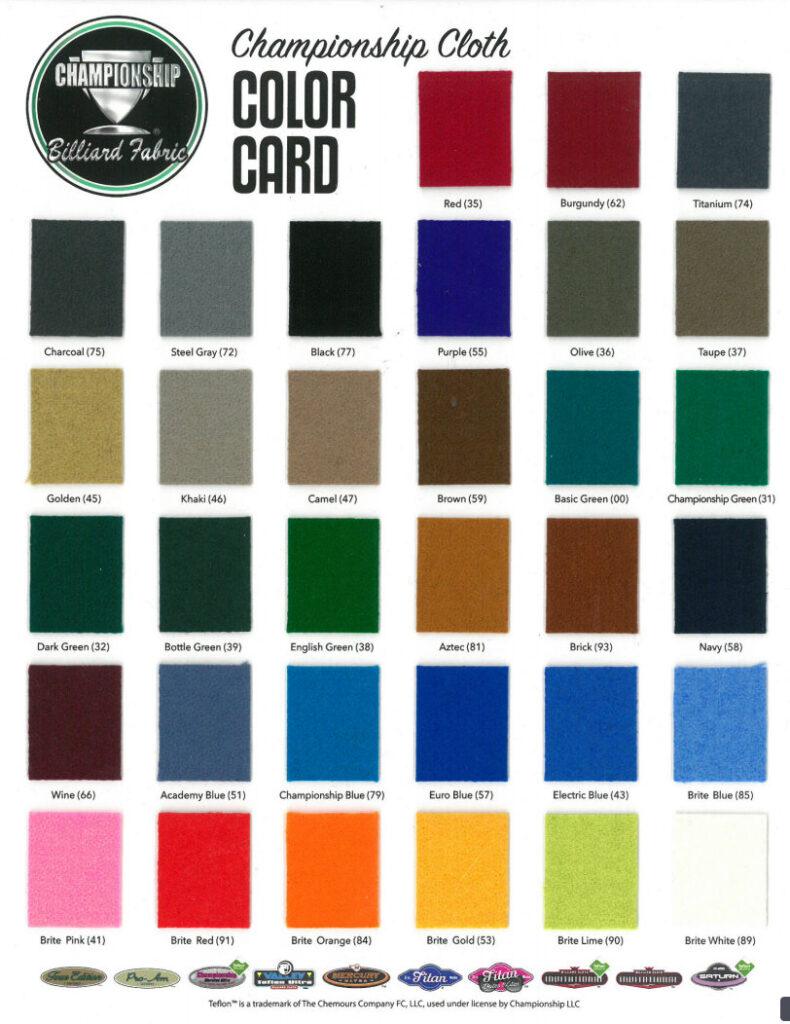 championship billiards color card 21